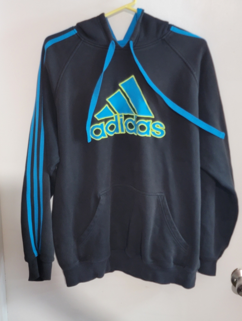 Adidas Men's Black Hoodie with Blue and Neon Yellow Logo